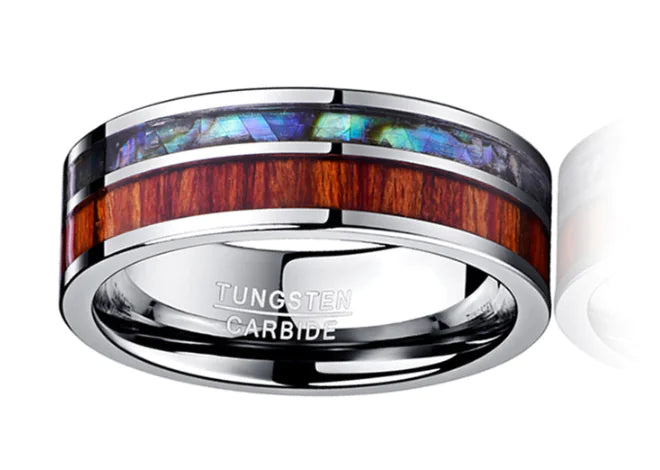 Trendy Tungsten Inlay Ring with Wood Grain & Shell