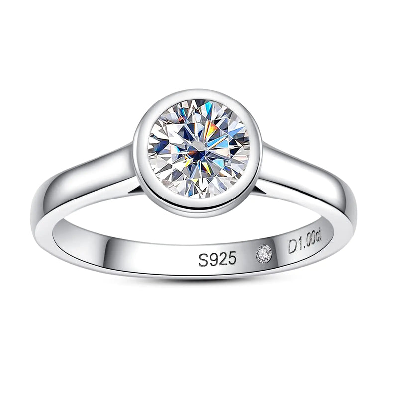Raivari Moissanite Engagement Rings1 CT Bezel Setting Round Lab Created Diamond Solitaire Promise Rings in 14K White Gold Plated Sterling Silver Anniversary Rings for Women5.5
