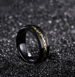 Wide Face 8mm Black Tungsten Ring with Gold inlay