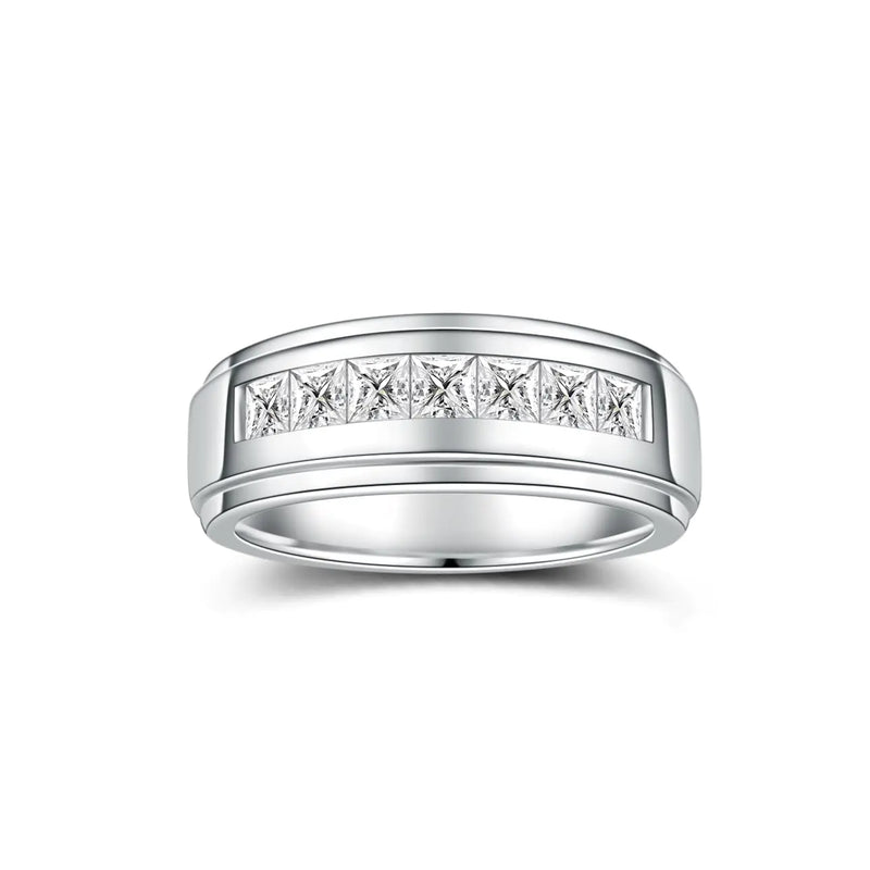 2.1 Carats 7 Stone Princess Cut Moissanite Rings for Men Women Moissanite Eternity Wedding Band Ring D Color VVS1 Lab Diamond Channel Set Sterling Silver with 18K White Gold Plated Men Diamond Ring