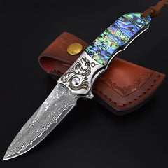 AUBEY EDC Damascus Pocket Knife with Leather Sheath Abalone Shells Handle Handmade Damascus Steel Folding Knives with Clip for Everyday Carry Excellent Gifts for Men Women Hunting