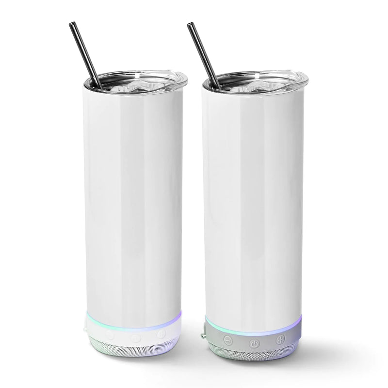 AGH 2 Pack Music Speaker Tumbler with Straw and Lid20oz Sublimation Skinny Stainless Steel Double Wall TumblerSpeaker Tumbler Cup with Detachable LED LightSuitable for DIY Gifts（White&Gray）
