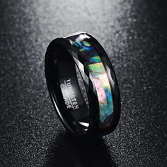 Polished Black Faceted Tungsten Wedding Ring with Pearl Layer