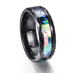 Polished Black Faceted Tungsten Wedding Ring with Pearl Layer