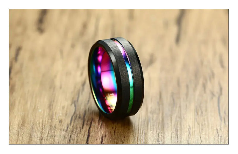 Men's Rainbow Tungsten Ring - Brushed Black Finish