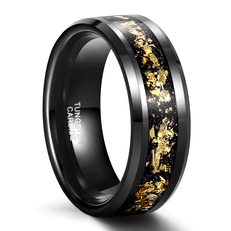 Wide Face 8mm Black Tungsten Ring with Gold inlay