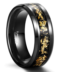 Wide Face 8mm Black Tungsten Ring with Gold inlay