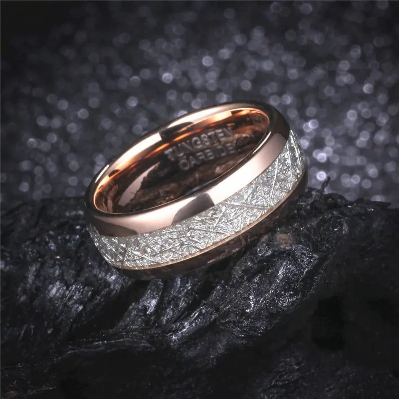 Rose Gold Tungsten Ring, 8mm Dome, Meteorite Inlay