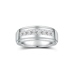 2.1 Carats 7 Stone Princess Cut Moissanite Rings for Men Women Moissanite Eternity Wedding Band Ring D Color VVS1 Lab Diamond Channel Set Sterling Silver with 18K White Gold Plated Men Diamond Ring