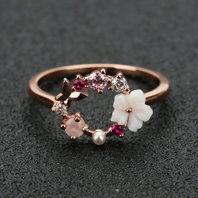 Butterfly Flower Rose Gold Ring for Women Jewelry