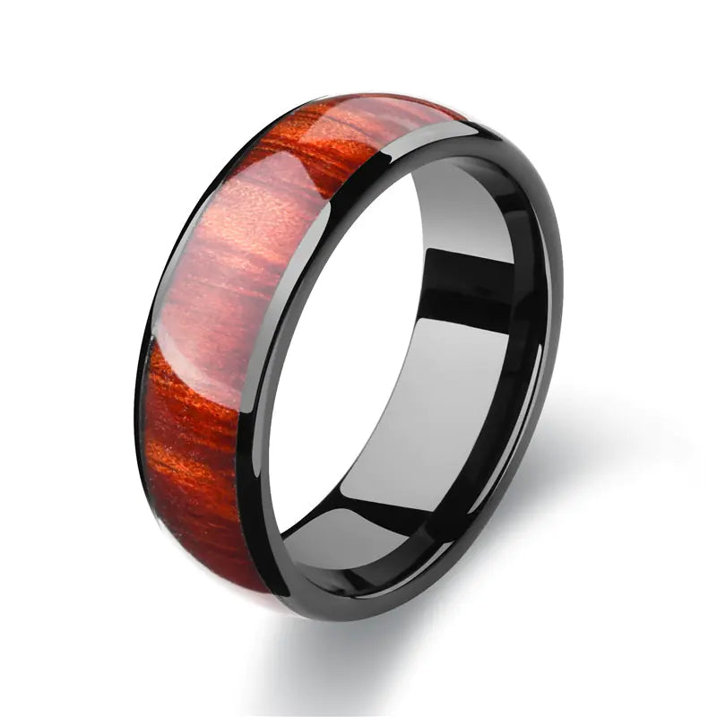 Stainless Steel Ring with Wood Grain Inlay