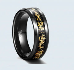 Wide Face 8mm Black Tungsten Ring with Gold inlay