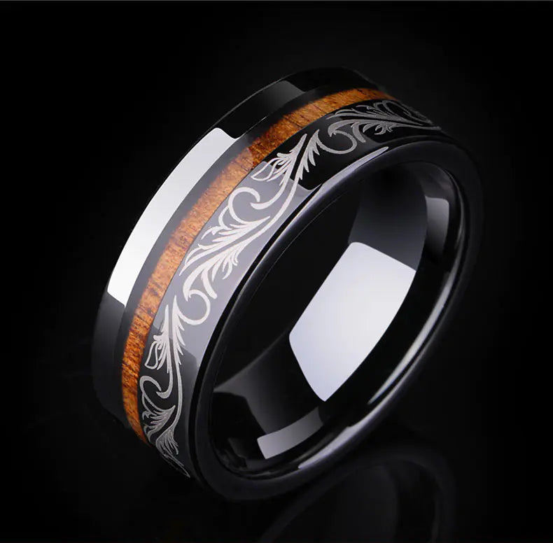 Black Tungsten Wood Inlay Ring - Custom Men's Design
